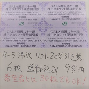 JR東日本優待券のGALA湯沢スキー場リフト20%割引券6枚98円/普通郵便送料込み/希望者には30枚まで増量サービスします。