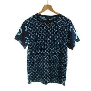 ルイヴィトン LOUIS VUITTON 22AW ミックス モノグラム Tシャツ カットソー 半袖 ゴールドチェーン ロゴ M 紺 ネイビー 青 ブルー RW222W P