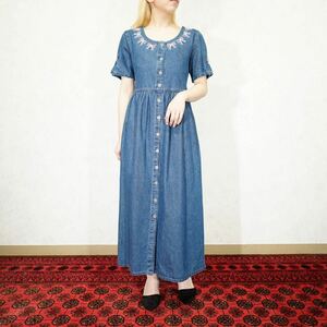 USA VINTAGE Sophia Rose RIBBON EMBRIDERY DESIGN DENIM ONE PIECE/アメリカ古着リボン刺繍デザインデニムワンピース