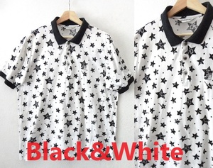 Black＆White：ブラック＆ホワイト■ロゴ刺繍入り 星柄　鹿の子 ポロシャツ■白■LLsize■ゴルフウェア