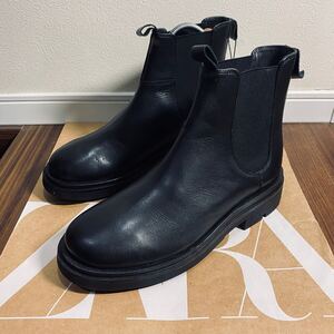 訳あり 新品 ZARA 牛革使用 チャンキーチェルシーブーツ 26.5cm 41 BLACK メンズ サイドゴア ブーツ シューズ 厚底 脚長 スタイルアップ 