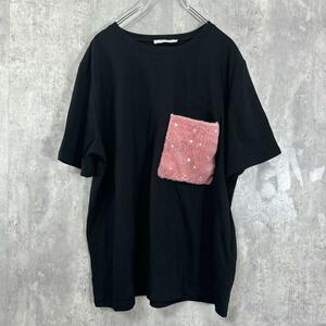 ザラ トラファルック ZARA TRAFALUC Lサイズ Tシャツ ブラック ビジュー ポケット付き レディース 黒 ピンク コットン ウィメンズ USED品