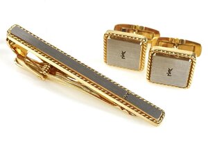 イヴ・サンローラン　Yves Saint Laurent　YSLロゴ　ネクタイピン　カフス　セット　艶消しシルバーカラー×ゴールドカラー　YMA-1355