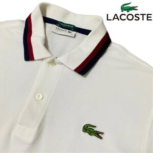 好配色◆トリコロール【LACOSTE】半袖ポロシャツ 鹿の子 極上コットン100% ラコステ ロゴワッペン Mサイズ相当 ストレッチ 美品◎