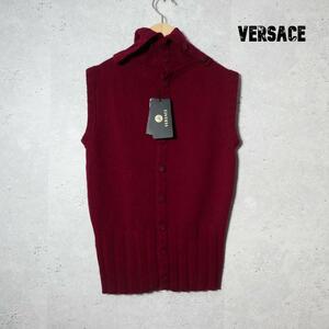 新品同様 VERSACE ヴェルサーチ サイズ40 カシミヤ100％ メデューサ釦 タートルネック ノースリーブ ニットセーター ベスト ボルドー 