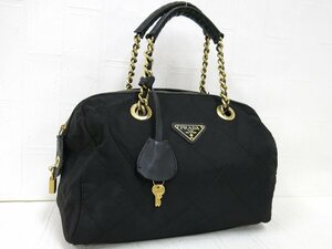 ◆美品◆PRADA プラダ◆キルティングナイロン サフィアーノ レザー 本革◆チェーン ハンド バッグ◆黒 G金具◆ヴィンテージ◆A5479