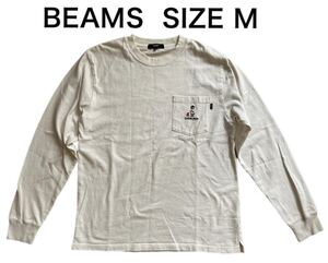 【送料無料】中古 BEAMS ビームス タキビ ベアー ポケット 長袖Tシャツ ホワイト 刺繍 サイズM