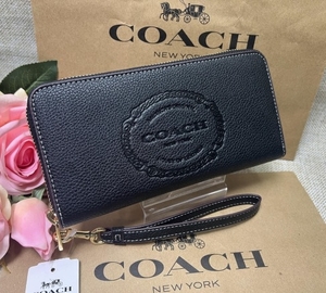 コーチ COACH 長財布 財布 新品未使用 ブラック ロング ジップ アラウンド ウォレット ヘリテージ ぺブルド レザー ストラップ付プレゼント