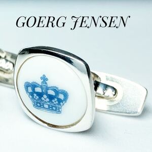 1円 コラボ品 希少 GEORG JENSEN ジョージジェンセン×ロイヤルコペンハーゲン 王冠 カフリンクス カフス 陶器 SV925 シルバー メンズ 中古