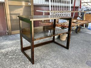 ■古家具 無垢材の2段シェルフ 幅88cm オープン棚 収納棚 飾り棚 本棚 作業台 デスク レトロ ヴィンテージ 店舗什器 ブックカフェ■ 