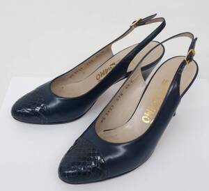 サルヴァトーレ フェラガモ SALVATORE FERRAGAMO ＊ハイヒール サンダル レザー 本革 パイソン キャップ ＊4 1/2 C size（22.0cm） ＊紺