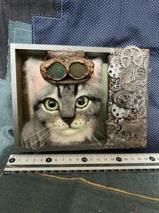 羊毛フェルト　スチームパンク猫　壁掛けオブジェ　 ハンドメイド