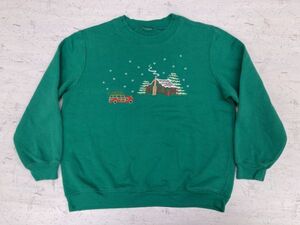 アメカジ オールド カントリー 90s 古着 クリスマス 二重襟 スウェット トレーナー メンズ 刺繍 緑