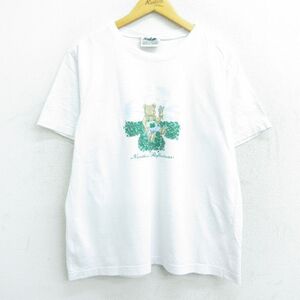 古着 半袖 ビンテージ Tシャツ レディース 90s クマ クローバー コットン クルーネック 白 ホワイト 22jun14 中古