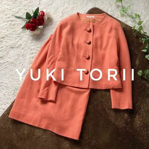 ユキトリイ ウールスカートスーツ ノーカラージャケット オレンジ 11号 L 日本製 YUKI TORII