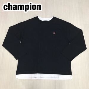 champion チャンピオン 長袖カットソー F 160/84A ブラック×ホワイト トレーナー ロンT 刺繍ロゴ ワッペンロゴ バックプリント