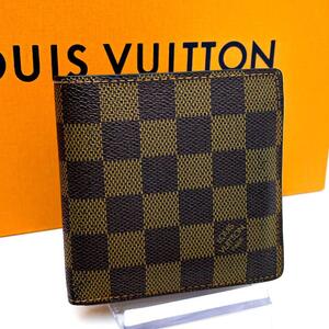 【美品】ルイヴィトン LOUIS VUITTON ダミエ エベヌ ポルトフォイユ マルコ 二つ折り財布 コンパクト財布 ゴールド金具 レディース 茶色