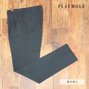 1円/PLAYMOLE/82cm/スラックス パンツ 清涼サマーウール カシミヤ混 無地 ツータック 上品 クラシコ 美脚 新品/紺/ネイビー/id382/