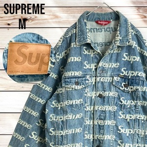 【超人気デザイン】SUPREME デニムジャケット 刺繍 総柄 M 入手困難 シュプリーム インディゴ トラッカージャケット レザーパッチ 長袖