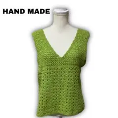 2093★ HANDMADE　ハンドメイド　ニット　ベスト　黄緑　バックスリット