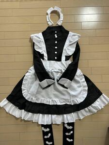 新品未使用 メイド服 サイズL コスプレ 5点セット 長袖 カチューシャ ハイソックス シンプル ハロウィン ワンピース ゴスロリ ロリータ