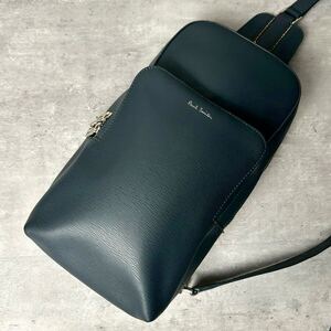 希少色◆現行近/極美品◆ Paul Smith ポールスミス メンズ ビジネス ショルダーバッグ 斜め掛け マルチストライプ ボディ レザー グレー