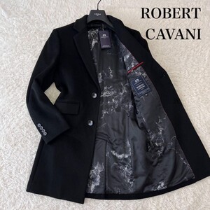 新品 ROBERT CAVANI ロベルトカバーニ チェスターコート M L カシミヤ100 メンズ カジュアル 裏地総柄 ロング カシミア ロゴ ブラック 黒