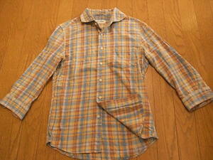 ナノユニバース　かっこいい七分袖ドレスシャツ　ベージュ＆水色系　チェック　サイズS