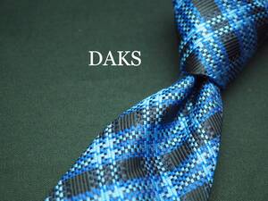 美品【DAKS ダックス】 C1009 チェック 黒 青系 ITALY イタリア製 SILK ブランド ネクタイ 古着 良品