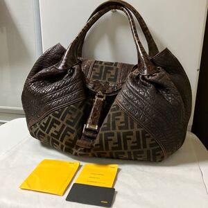 【美品】 FENDI フェンディ ハンドバッグ トートバッグ スパイバッグ ズッキーノ ズッカ柄 レザー 亀 ブラウン系 カード付き シリアルあり