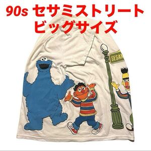 激レア　90s DELTA セサミストリート ビンテージ Tシャツ アニメ アメコミ(白,Lサイズ表記XLサイズ)大判プリント エルモクッキーモンスター