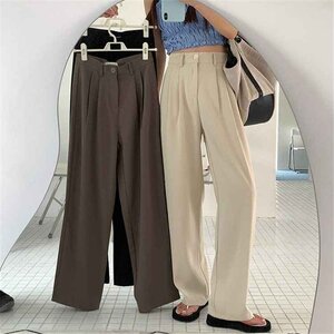 シック ハイウエスト スーツパンツ カジュアル ストレートレッグ ワイドレッグ 2XL ブラウン