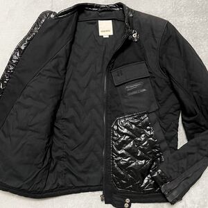 L相当★DIESEL ディーゼル ライダース ジャケット ブルゾン ジャンパー 切替 キルティング 中綿 ナイロン バイカー 黒 ブラック メンズ