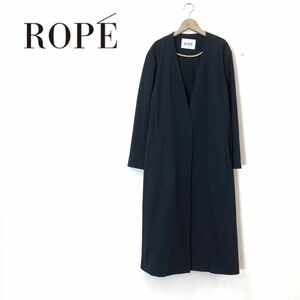 1O1409-O-N◆ ROPE ロペ ノーカラーコート 薄手 ロング 裏地なし アウター◆size38 ナイロン コットン ネイビー