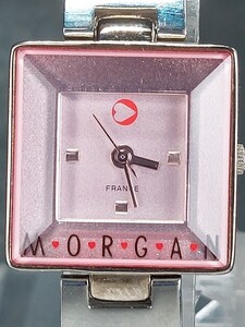 美品 MORGAN モルガン M021 アナログ クォーツ 腕時計 ピンク文字盤 スクエア メタルベルト ステンレス 新品電池交換済み 動作確認済み