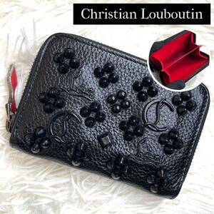 美品 入手困難 / Christian Louboutin クリスチャンルブタン ブラックパネトーネコインケース 小銭入れ シボレザー ブラック レッド