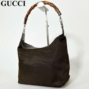 1円　【美品】　GUCCI グッチ バンブー ハンドバッグ トートバッグ 手提げ ナイロン レザー ブラウン 茶系 レディース 人気 ハイブランド