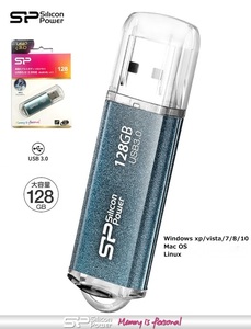 128GB　シリコンパワー128GB USB3.0対応 USBフラッシュメモリ アルミボディー アイシーブルー SP128GBUF3M01V1B キャップ式