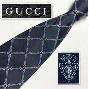 GUCCI グッチ　ネクタイ　G金具　格子　金具　紐　ホースビット風　シルク100% イタリア製　ネイビー　ビジネス