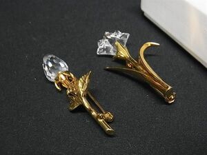 ■極美品■ SWAROVSKI スワロフスキー クリスタル フラワー 花 ピンブローチ ピンバッジ アクセサリー 2点セット ゴールド系 DE5170