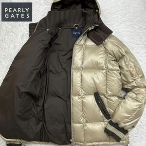 【未使用級Lサイズ!!!】PEARLY GATES パーリーゲイツ 2way中綿ダウンジャケット キルティング 極暖 腕ロゴ ベージュ×ブラウン 