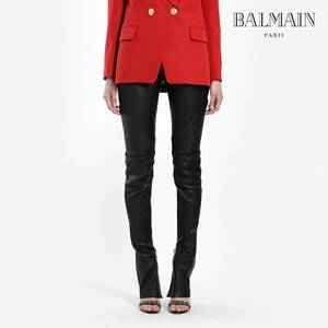 新品【正規】BALMAIN（バルマン）LEATHER BIKER STRETCH PANTS ウォッシュド ストレッチ ラムレザーバイカーパン/黒銀/サイズ38 定価55万円