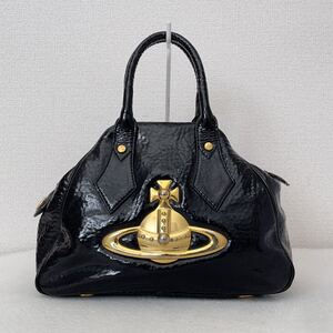 1円 ◆ Vivienne Westwood ヴィヴィアンウエストウッド ヤスミン ハンドバッグ パテントレザー 黒 ブラック ビッグオーブ ゴールド金具