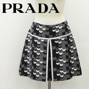 国内正規品◆PRADA プラダ シルク混 総柄 レザーパイピング フロントタック スカート 44S