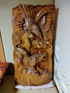 一刀彫　オブジェ　衝立　木製