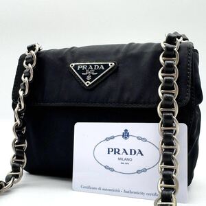 3083【極希少・美品】PRADA プラダ チェーンショルダーバッグ ミニ ポコノ 三角ロゴ フラップ シルバー金具 テスートナイロン レザー 本革