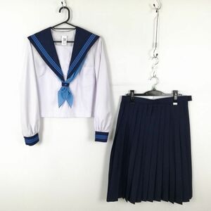 1円 セーラー服 スカート スカーフ 上下3点セット 中間服 青3本線 女子 学生服 高知南高校 白 制服 中古 ランクC NA4984