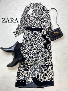 ZARA ザラ★タグ付き未使用★秋 大人素敵★オリエンタル調フラワープリント ロングシャツワンピース モノトーン花柄★Sサイズ 1013