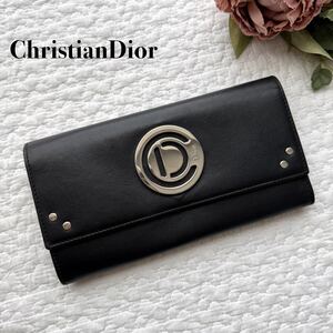 希少■美品 Christian Dior ディオール ロング ロゴプレート フラップウォレット 長財布 ブラック シルバー