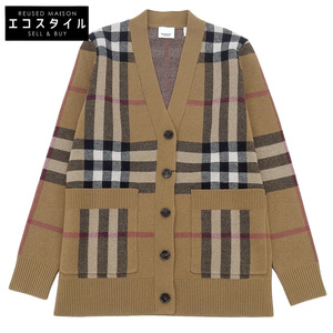 新品同様 BURBERRY バーバリー ウール カシミア チェック ジャカード オーバーサイズ カーディガン レディース ブラウン系 XS 8043372